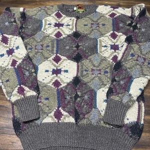 Vintage BOSTON TRADERS Wool Hand Knit Patch Work Pattern Chunky Sweater Limited - Picture 1 of 8