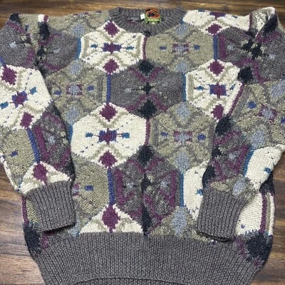 Vintage BOSTON TRADERS Wool Hand Knit Patch Work Pattern Chunky Sweater Limited - Image 1 of 4