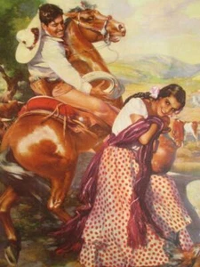 1940er SCHÖNE KUNST EDUARDO CATAÑO SENORITA & REITER MEXIKANISCHER KALENDER POSTER - Bild 1 von 1