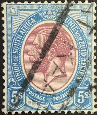 1913-24 SC#14 S. Africa King George V Blue & Violet 5 Shilling Stamp, F+ Used Foto 1 de 2