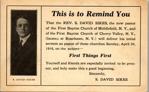 Vintage Postcard New Pastor Rev Sikes First Baptist Church Middlefield NY 1916 - Picture 1 of 3