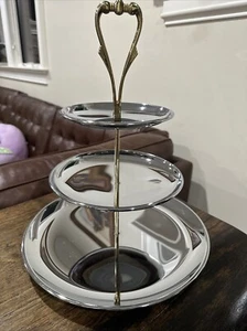 Vintage VOGUE Kromex Tidbit 3 Tier Serving Tray Two Tone Sliver And Gold Tone - Picture 1 of 10