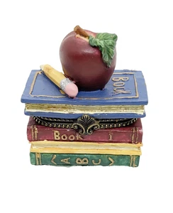 Vintage Metal Mini Hinged Teacher Stack of Books, Apple, And Pencil Trinket Box - Picture 1 of 6
