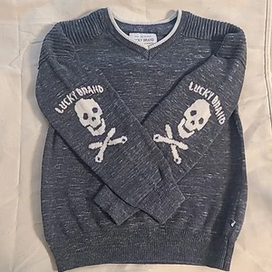 LUCKY BRAND Boys Size 7 Charcoal Pull Over V Neck Sweater Skull Logo - Picture 1 of 7