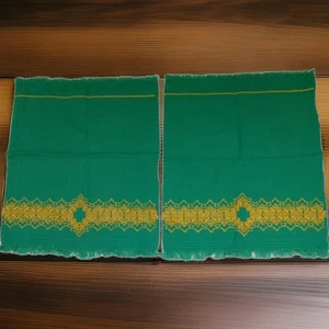 Vintage MCM Hand Towels Embroidered Geometric With Fringe Green And Yellow - Picture 1 of 8