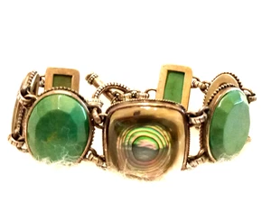 COLDWATER CREEK "Abalone/Green Agate Cabochons" 7.5" L. Sterling Silver Bracelet - Picture 1 of 14