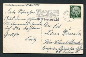 German Reich WW II : Card from 1934 - Mittenwald - slogan cancel - used - Picture 1 of 2