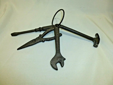 Set of 4 Cast Iron Tools on a Ring rustic brown finish home garden décor Mancave Cover