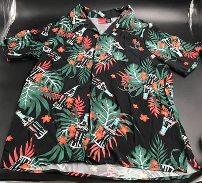 Coca Cola Branded Black w/ Orange Hibiscus Flowers Hawaiian Style Shirt Sz L - Image 1 of 4
