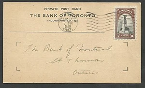 1939 Owen Sound GRY Bank of Toronto Private post card.  2c National Memorial Roy - Bild 1 von 2