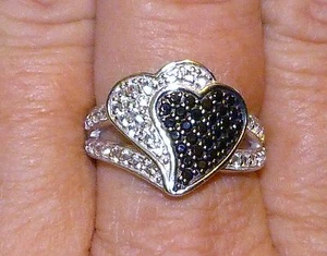 GENUINE 0.55ct Black Spinel & White Topaz Twin Heart Ring Solid S/Silver 925! - Picture 1 of 7
