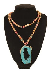 Bohemian boho Mala Beads Necklace with druzy Pendant piece Healing natural 34” - Picture 1 of 10