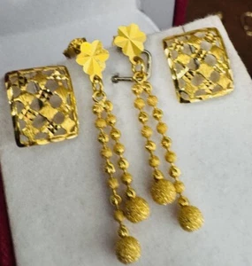 22K 916 Solid FineGold Ladies Women’s Rectangle & Dangle Beads Ball Earring 6.2g - Picture 1 of 24