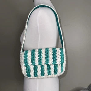 Anthropologie Striped Raffia Shoulder Bag in Green and White Retail - Picture 1 of 9