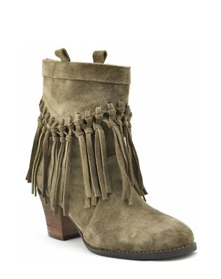 Sbicca Vintage Women's Booties Size 7.5 Tan Suede Fringe Tassel 2.5” Heel - Image 1 of 4