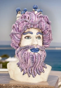 Scultura Testa di Tritone Mezzo Busto in Ceramica Uomo Medusa Mare Artigianale - Picture 1 of 4