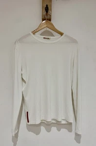 Vintage PRADA Sport White Jersey Long Sleeved Rubber Logo Crew Neck Tee Top S - Picture 1 of 6