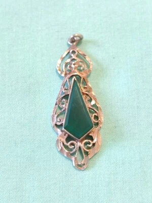 Vintage Sterling Silver Green Glass Open Work Filigree Pendant - Image 1 of 4