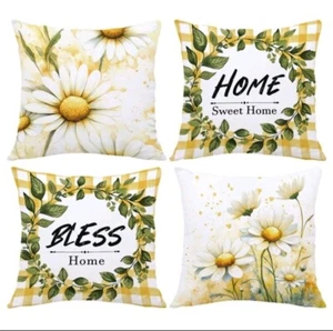 Set Of 4 Farmhouse Plaid And Daisies Spring/Summer Throw Pillow Covers - Picture 1 of 8
