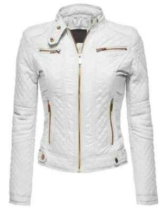 Women's White Leather GOLD ZIPPER Jacket Real Lambskin Moto Biker SlimFit jacket - Picture 1 of 5