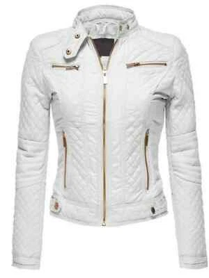 Women's White Leather GOLD ZIPPER Jacket Real Lambskin Moto Biker SlimFit jacket - Image 1 of 4