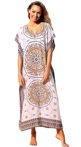 Khaki Bohemian Print Beach Kaftan Maxi Dress Cover-Up - Picture 1 of 5