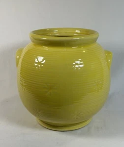 Vintage Ceramic Barrel Cookie Jar Yellow Glazed Atomic Pattern Mid Century USA - Picture 1 of 14
