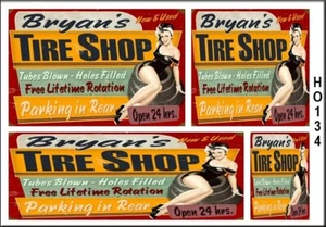 WEATHERED HO SCALE TIRE SHOP GARAGE GAS STATION DIORAMA WATERSLIDE SIGNS HO134 - Picture 1 of 1