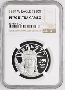1999-W Platinum American Eagle $100 NGC PF70 ULTRA CAMEO -LIVE - NUOVO CERTIFICATO!! 1 ozt - Foto 1 di 2