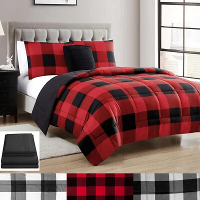 SWEET HOME COLLECTION 8 Piece Buffalo Plaid Check Bed in a Bag Comforter and Black Sheet Set