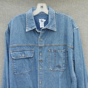 VTG CALVIN KLEIN Jeans L/S Denim Button Up Shirt Mens L 90s Embroidered Logo CK - Picture 1 of 8