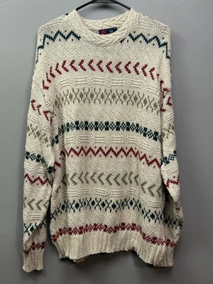 Vintage Isle of Cotton Sweater Mens XL Cream Cotton Knit Geometric Made USA 80s - Image 1 of 4