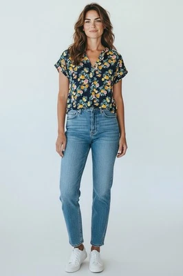 Banana Republic Women’s Navy Blue Citrus Print 100% Silk Popover Blouse Sz Small - Image 1 of 4