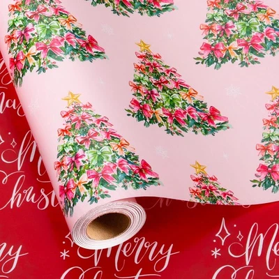 Pink Christmas Wrapping Paper Roll - Green Trees with Bows  Red Merry Letters... - Image 1 of 4