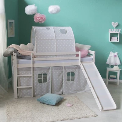Lit mezzanine superposé d'enfant 90x200 bois blanc tunnel toboggan Homestyle4u - Photo 1/4