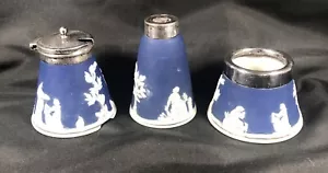 RARE Antique 19ThC Cobalt Blue Jasperware 3Pc Condiment Set By W. Adams & Sons - Picture 1 of 13