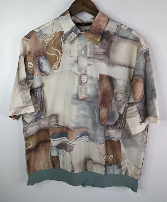 复古 Fulton Street 带状 Polo 男式衬衫大号棕褐色抽象几何积木 — 第 1/4 张图片