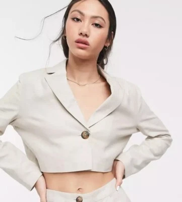 ASOS NWOT Relaxed Linen Blend Cropped Blazer Beige Size 6 Women's Shoulder Pads  - Image 1 of 4