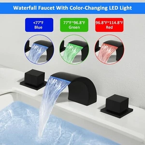 SKOWLL Waterfall Faucet 3-Color Changing LED Light Bathroom Sink Matte Black - Picture 1 of 20