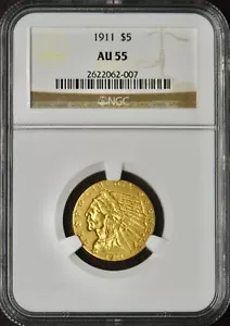 1911 $5 Gold Indian Head Half Eagle - NGC AU55 - ✪COINGIANTS✪ - Picture 1 of 2