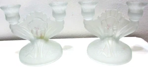 Vintage Jeannette Glass Candle Stick Holders PAIR Iris & Herringbone Frosted - Picture 1 of 7