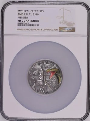 2015 Palau Mythical Creatures Medusa 2 oz Silver NGC MS 70 Antiqued w/ OGP & COA - Image 1 of 2
