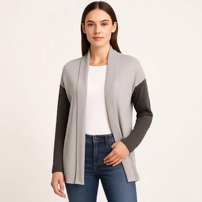 Suéter cárdigan Bobeau para mujer M gris bloque de color tejido gofre frente abierto Foto 1 de 4