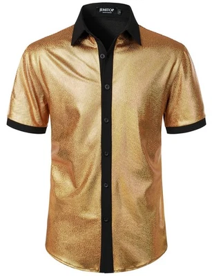 JEMITOP Men's Shiny Metallic Sequin Stretchy Short Sleeve Button Down Shirts 70s - Image 1 of 4