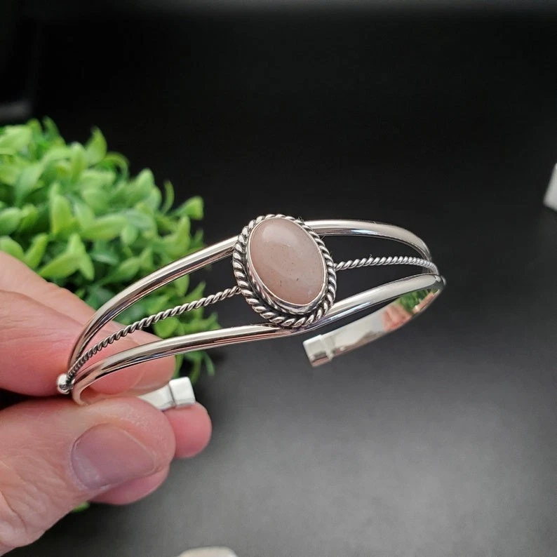 Brazalete brazalete de plata esterlina 925 rosa cuarzo piedras preciosas joyería talla ADJ Foto 1 de 4