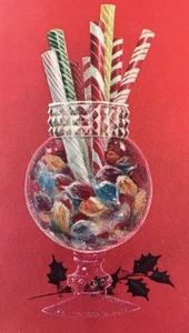60er Glitzer Zucker Sticks Band Bonbonglas Kaugummi Tropfen Kaugummi Vintage Weihnachtskarte UNBENUTZT - Bild 1 von 5