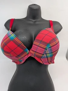 44D Lane Bryant Cacique Cotton Boost Plunge Bra Red Plaid - Picture 1 of 10
