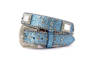 Glisten Unisex Kids Belt Blue Rhinestone Western For Pants Size 17 Flashy Shiny - Picture 1 of 9