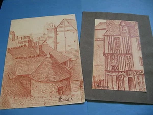 2 DESSINS ORIGINAUX "VIEUX MANS" 1940-50 Signé P. LACROIX SARTHE MOYEN-AGE - Picture 1 of 4
