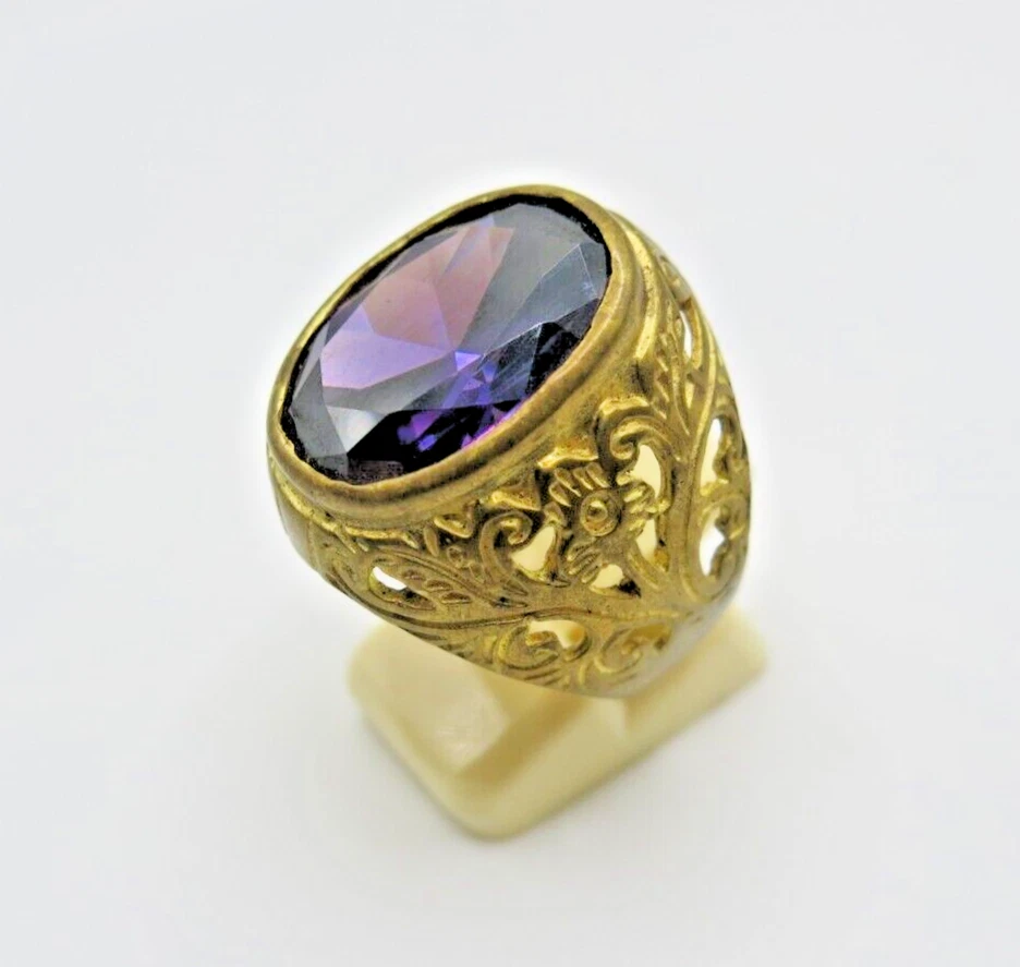 Anillo de latón amatista para hombre | Joyería vintage de flor de piedra púrpura | Delicada talla 10 Foto 1 de 4